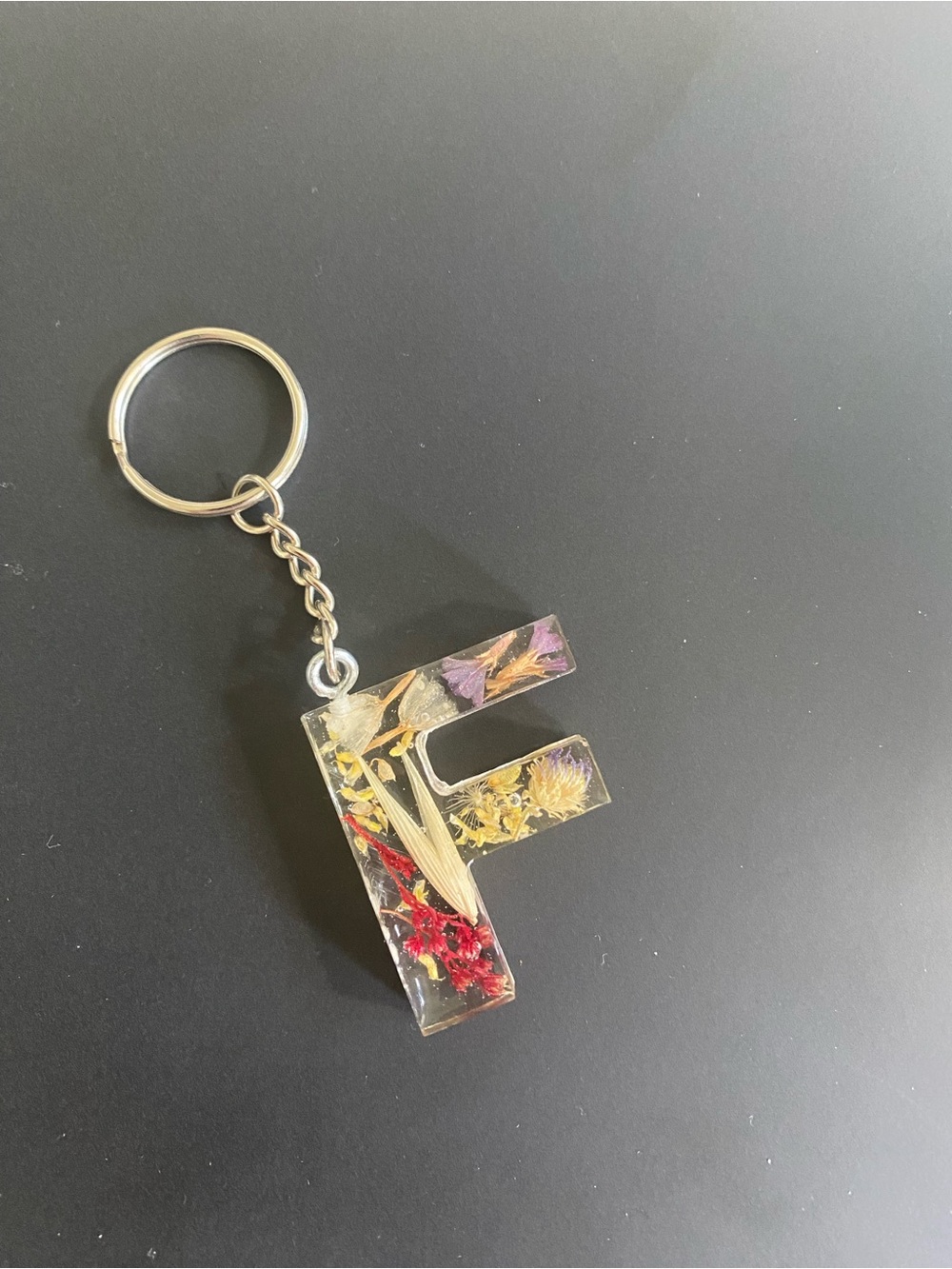 Resin 'F' Keychain or bag charm with Dried Flowers - Handmade